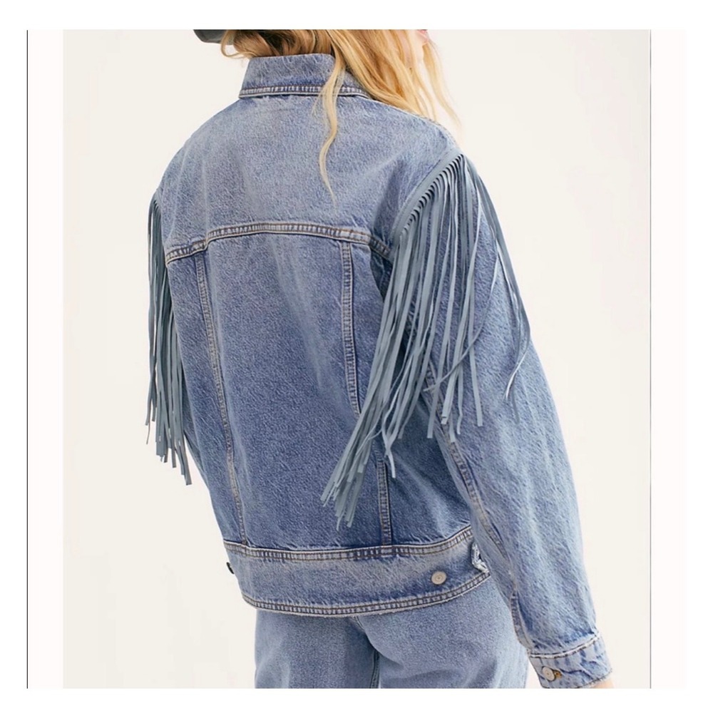 Free People Blue Fringe Jean Jacket - Picture 2 of 8